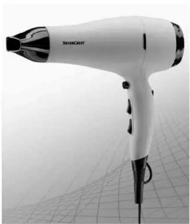 Black and white photo of a SilverCAST hair dryer with a grid-patterned surface (no visible text or symbols on the device body)