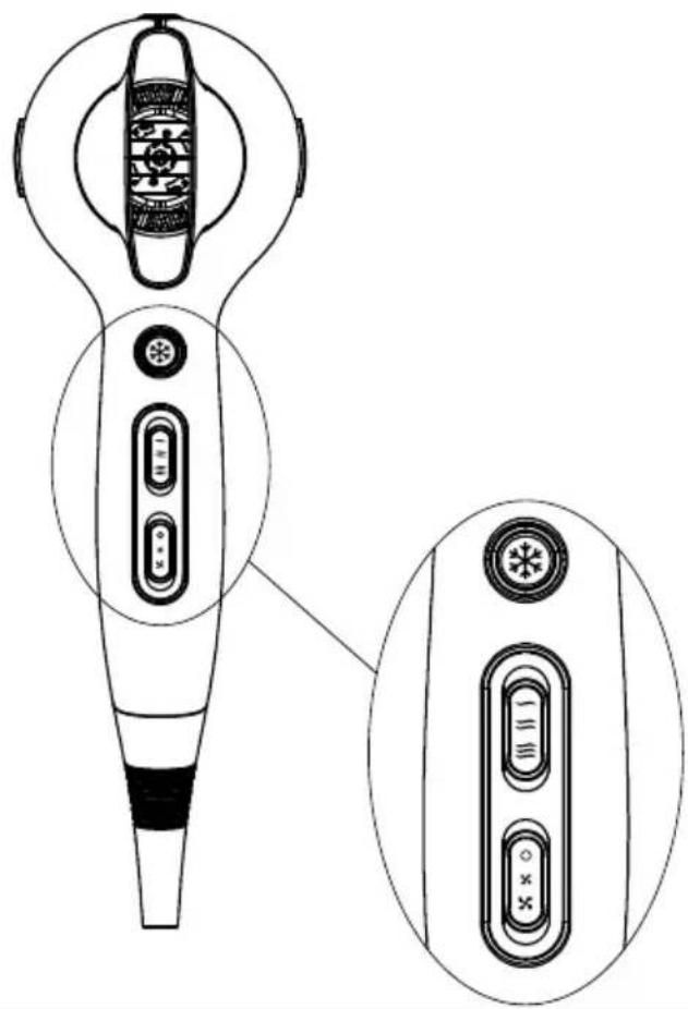 Technical line drawing of a handheld device with internal components, shown from top and side views (no text or symbols)