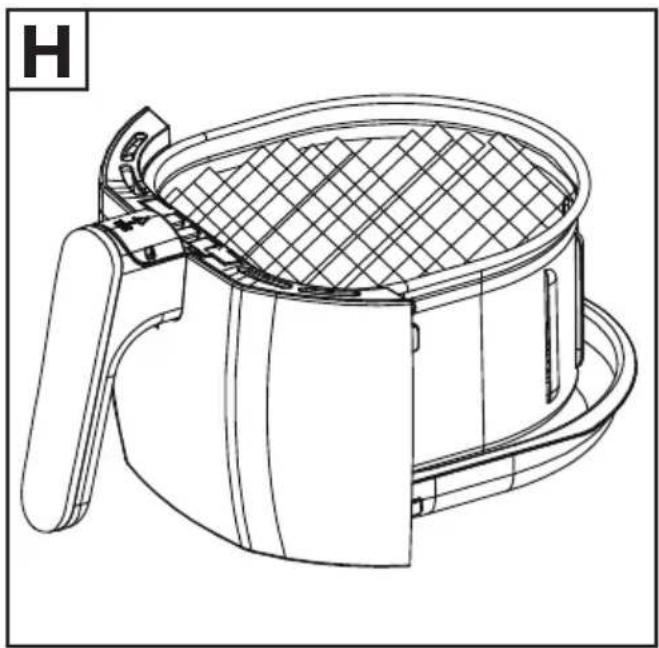 Technical line drawing of a cylindrical air fryer with mesh grille and handle (no text or symbols)