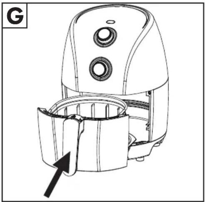 Line drawing of an air fryer with a handle and control panel, showing internal components without any text or symbols.