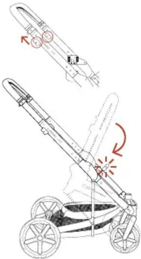 Technical diagram illustrating the assembly of a motor stroller with labeled components and motion arrows