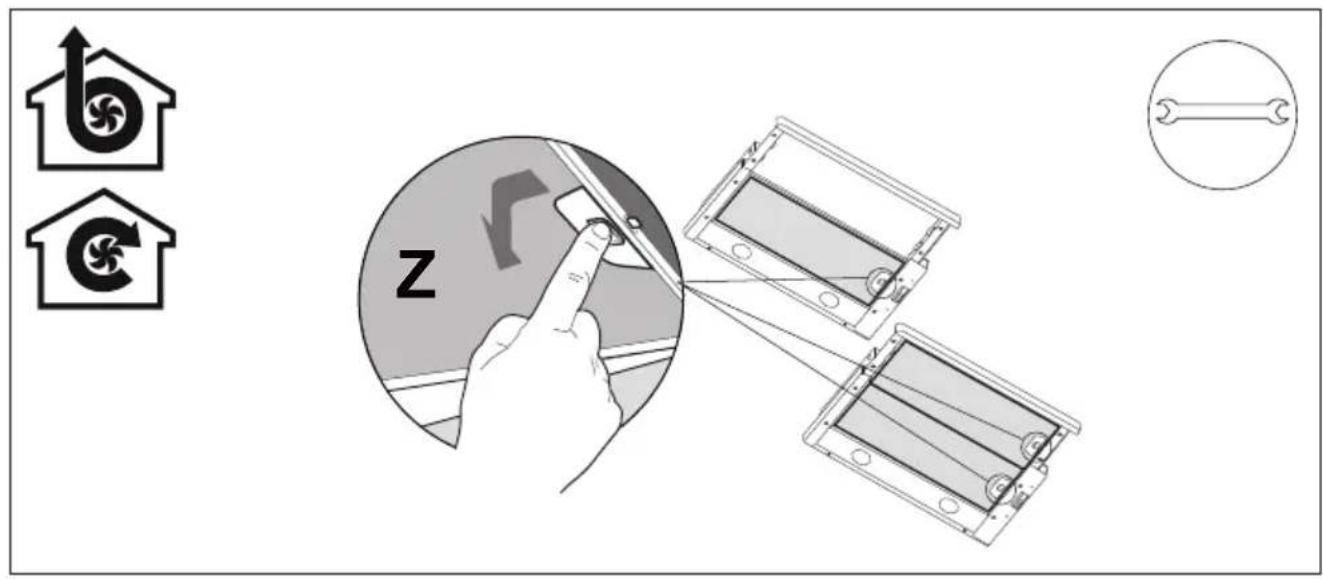Diagram illustrating a mechanical assembly process with labeled components and directional arrows, including a hand holding a tool and a magnified view of the component.