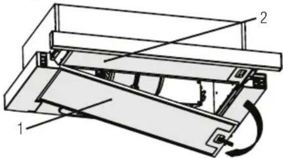 Technical diagram of a mechanical assembly with labeled components 1, 2, and a curved arrow indicating motion or force.
