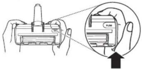 Diagram showing hand holding a device with magnified view of internal components, including a labeled component 'PLM'.