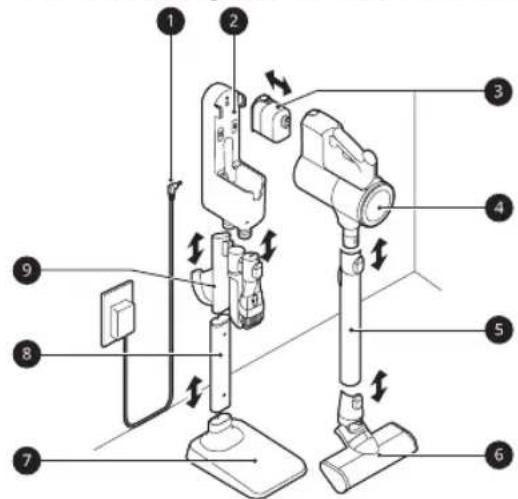 Technical diagram of a mechanical device with numbered components and directional arrows indicating assembly or movement.