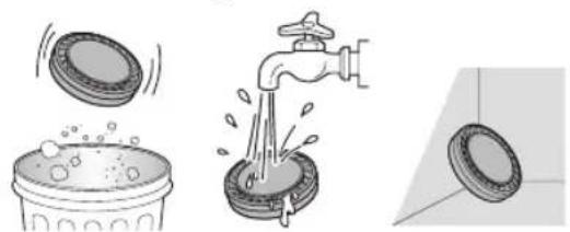 Illustration showing three different water sources: a bucket with bubbles, a faucet pouring water into a basin, and a tiled floor (no text or symbols)