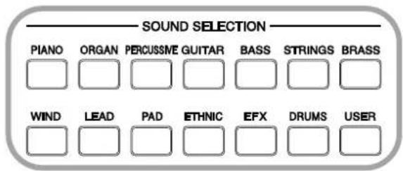 SOUND SELECTION PIANO ORGAN PERCUSSME GUITAR BASS STRINGS BRASS WIND LEAD PAD ETHNIC EFX DRUMS USER