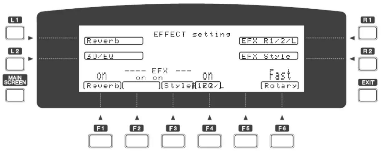 graph TD L1["Main Screen"] --> EFFECT_Settings["Effect setting"] L2["Main Screen"] --> EFFECT Settings EFFECT Settings --> Reverb["Reverb"] EFFECT Settings --> 3D/EQ["3D/EQ"] EFFECT Settings --> On["On"] On --> Reverb["Reverb"] Reverb --> EFX_R1/2/L["EFX R1/2/L"] Reverb --> EFX_Style["EFX Style"] On…