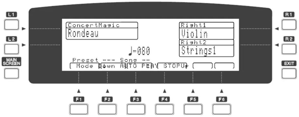 L1 ConcertMagic Rondeau Right1 Violin Right2 Strings1 L2 =080 Preset --- Song -- [ Mode Down Auto Play STOPU ] F1 F2 F3 F4 F5 F6 MAIN SCREEN EXIT