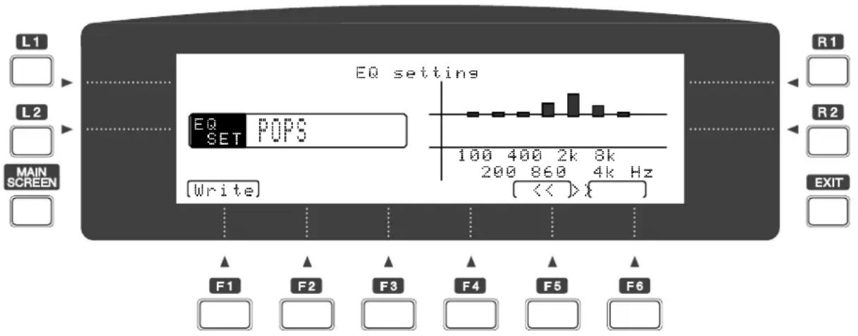 L1 EQ SET POPS EQ settings 100 400 2k 8k 200 860 4k Hz << > F1 F2 F3 F4 F5 F6 MAIN SCREEN Write R1 R2 EXIT