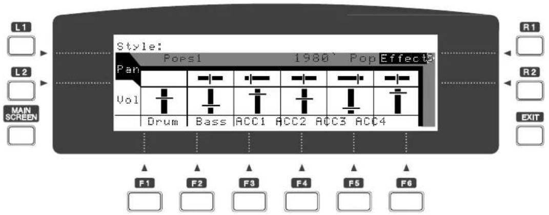 L1 L2 MAIN SCREEN Style: Pops1 1980 Pop Effect5 Pan Vol Drum Bass ACC1 ACC2 ACC3 ACC4 R1 R2 EXIT F1 F2 F3 F4 F5 F6