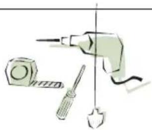 Illustration of a hand holding a screwdriver, a nut, and a screwdriver with a shovel (no text or symbols).