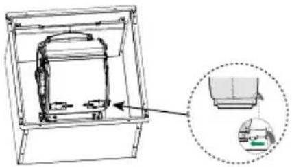 Technical line drawing of a mechanical assembly with a magnified inset showing internal components (no text or symbols)