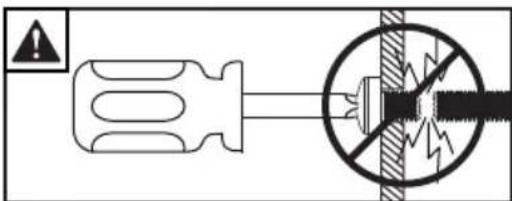 Safety warning symbol and diagram showing a screwdriver with warning sign and hazard zone