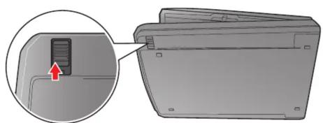 Diagram showing a device with a button inserted into a folder, with an inset close-up highlighting the insertion area (no text or symbols present).