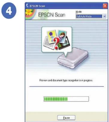 4 EPSON Scan EPSON Scan Mode: Full Auto Mode Preview and document type recognition is in progress. Pause