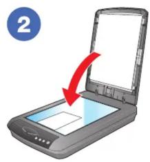 Illustration of a digital scanner with an open lid and a red arrow indicating compression (no text or symbols).