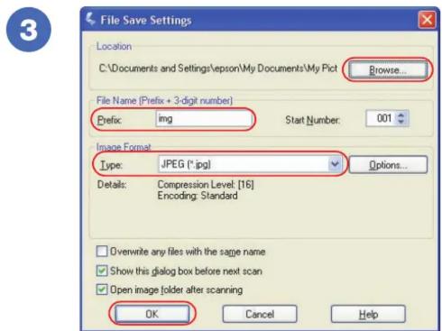 File Save Settings Location C:\Documents and Settings\epson\My Documents\My Pictures\Browse... File Name (Prefix + 3-digit number) Prefix: img Start Number: 001 Image Format Type: JPEG (*.jpg) Options... Details: Compression Level [16] Encoding: Standard Overwrite any files with the same name Show t…