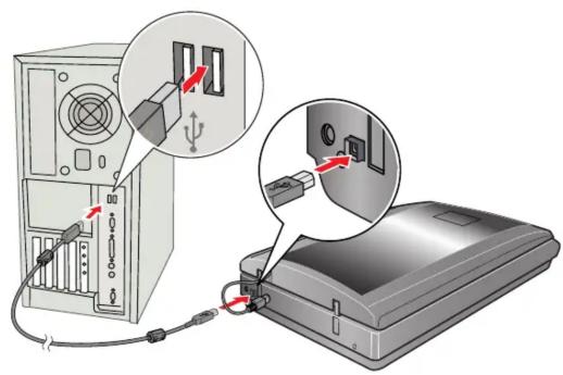 Diagram showing connection between a desktop computer tower and an attached device, with labeled ports and cable connections.