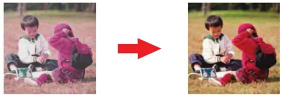 Two side-by-side photos showing a child in pink outfit sitting on grass, with a red arrow pointing to the right image (no text or symbols)