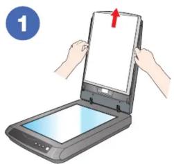 Illustration of hands holding a tablet device with a red arrow indicating the open position (no text or symbols present).