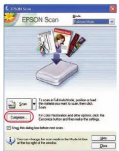 EPSON Scan EPSON Scan Browse Mode To scan in Full Auto Mode, position or load the material you want to scan, then click Scan. Customize... For Color Restoration and other options, click the Customize button and then make the settings. Show this dialog box before next scan. You can change the scan mo…