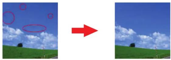 Two side-by-side photos showing a blue sky with clouds and green fields, one with red circles and another with a red arrow pointing right (no text or symbols)