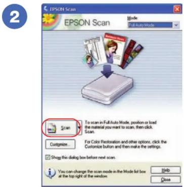 EPSON Scan EPSON Scan File Mode: Full Auto Mode Scan To scan in Full Auto Mode, position or load the material you want to scan, then click Scan. Customize... For Color Restoration and other options, click the Customize button and then make the settings. Show this dialog box before next scan. You can…