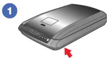 Illustration of a gray scanner device with a blue circular icon labeled '1' and a red arrow pointing to it (no text or symbols on the device itself).