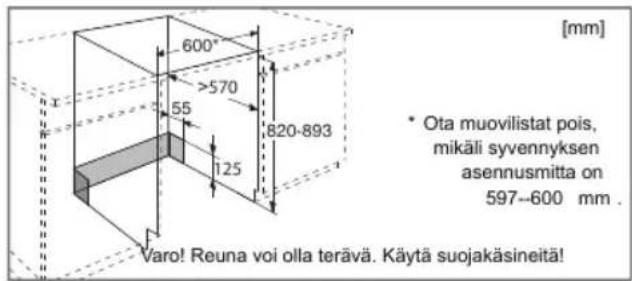 600° >570 55 125 820-893 Varo! Reuna voi olla terävä. Käytä suojakäsineitä! [mm] • Ota muovilistat pois, mikäli syvennyksen asennusmitta on 597-600 mm . Käytä suojakäsineitä!