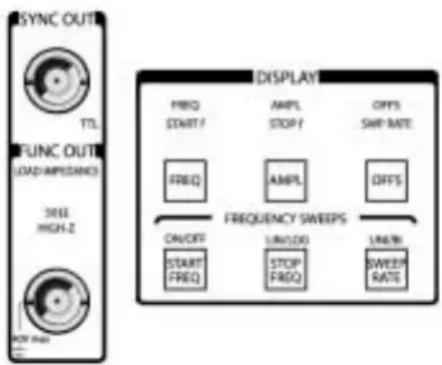 SYNC OUT TTL FUNC OUT LOAD/AMPEZANS SIZE HIGH-Z OFF MAX FREQ START F AMPL STOP F OFFS SNP RATE FREQ AMPL OFFS FREQUENCY SWEeps ON/OFF START FREQ UN/OFF STOP FREQ LINE/B SWEEP RATE
