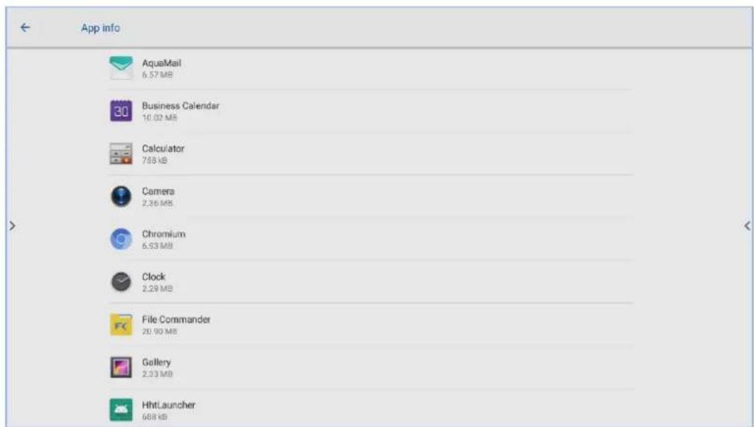 App info AquaMail 6.57 MB Business Calendar 10.02 MB Calculator 758 kB Camera 2.36 MB Chromium 6.53 MB Clock 2.29 MB File Commander 20.90 MB Gallery 2.33 MB HhtLauncher 688 kB