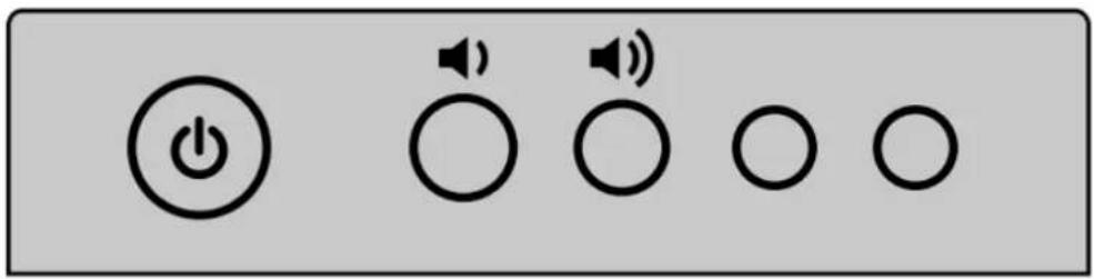 Control panel with power button, speaker icons, and radio buttons