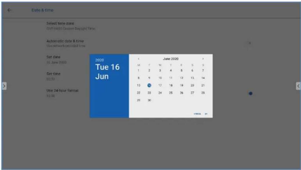 Date & time Select time zone COVID-04/20 Eastern Daylight Time Automatic date & time Use network on or dead time Set date 16 June 2020 Set time 03:09 Use 24-hour format 18:08 2020 June 2020 M T W T F S S 1 2 3 4 5 6 7 B 9 10 11 12 13 14 15 17 18 19 20 21 22 23 24 25 26 27 28 29 30 VANGU