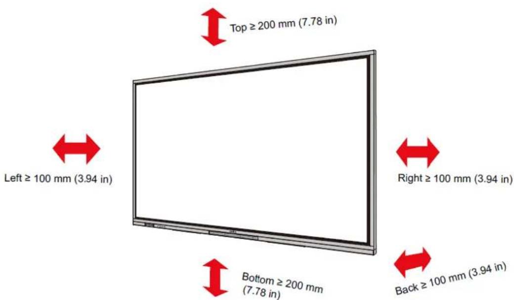 Top ≥ 200 mm (7.78 in) Left ≥ 100 mm (3.94 in) Right ≥ 100 mm (3.94 in) Bottom ≥ 200 mm (7.78 in) Back ≥ 100 mm (3.94 in)