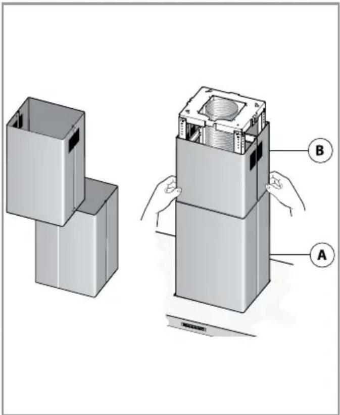 Technical diagram showing two views of a mechanical device with labeled parts A and B, illustrating assembly or installation steps.