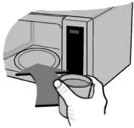 Illustration of a hand holding a cup next to a microwave oven (no text or symbols)