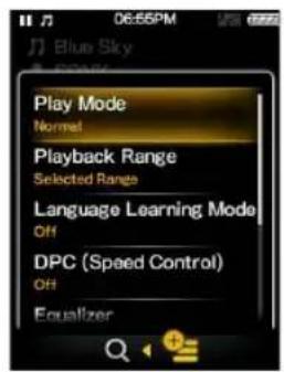 Blue Sky, Play Mode: Normal, Playback Range: Selected Range, Language Learning Mode: OH, DPC (Speed Control): OH, Equalizer