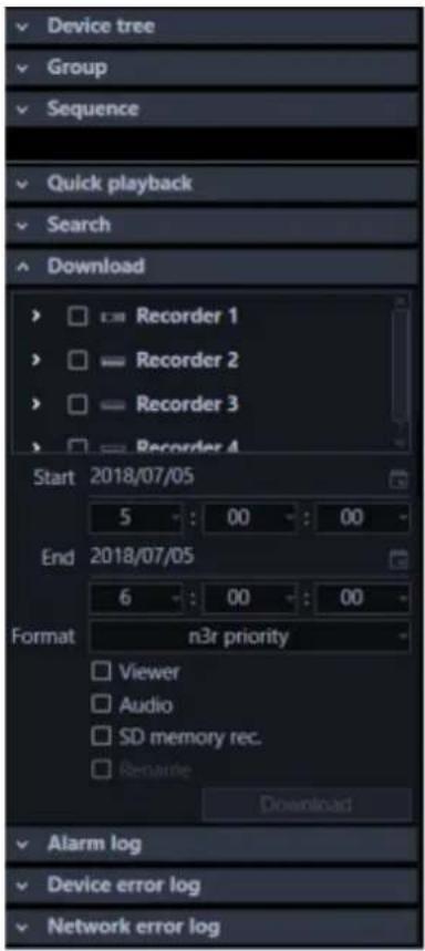 Device tree: Group, Sequence, Quick playback, Search, Download, Recorder 1, Recorder 2, Recorder 3, Recorder 4, Start 2018/07/05 5:00:00, End 2018/07/05 6:00:00, Format n3r priority, Viewer, Audio, SD memory rec., Rename, Download, Alarm log, Device error log, Network error log