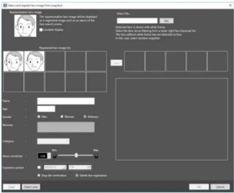 Select and register face image from anaphid. Representation face image. The representation face image will be displayed as a registered image such as an absence of the face search screen. Constant display. Registered face image list. Name: Age: Gender: Remarks: Category: Alert sensitivity: Expiratio…
