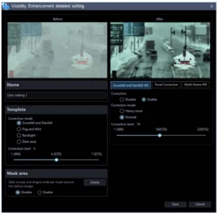 Visibility Enhancement detailed setting: Before and After images. Name: User setting 1. Template: Correction mode with options Snowfall and Rainfall, Fog and Mist, Backlight, Dark area. Correction level 4 with range 1 (WQ) to 4 (STD) to 7 (STD). Mask area: click and drag on before image to indicate…