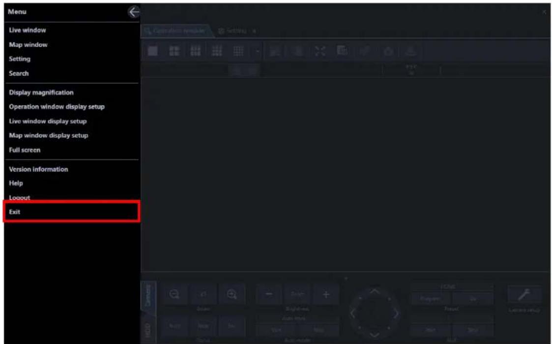 Menu Live window Map window Setting Search Display magnification Operation window display setup Live window display setup Map window display setup Full screen Version information Help Logout Exit