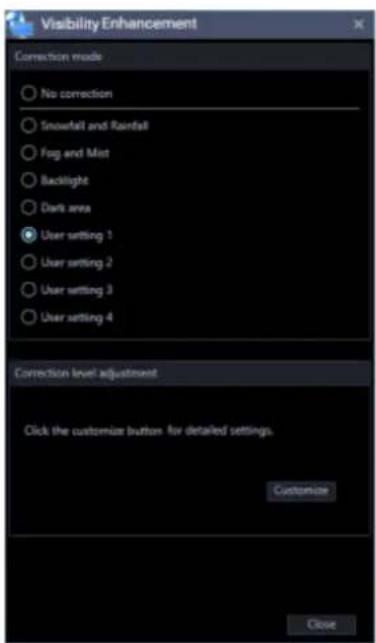 Visibility Enhancement settings: Correction mode options include No correction, Snowfall and Rainfall, Fog and Mist, Backlight, Dark area, User setting 1-4. Correction level adjustment with a note to click the customize button for detailed settings. Buttons: Customize, Close.
