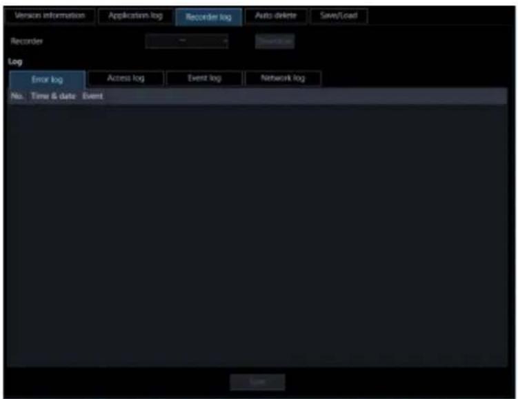 Versions information Applications.log Recorder log Auto delete Save/Load Recorder Log Error log Access log Event log Network log No. Time & date Event Save