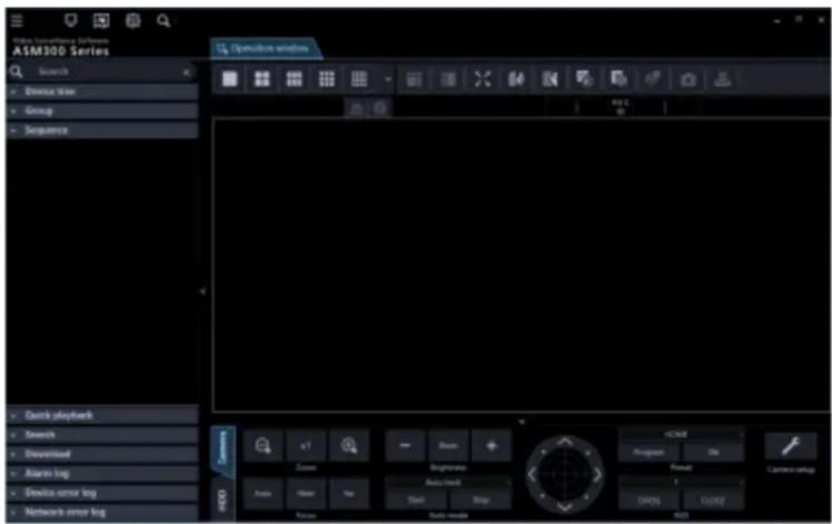 ASM30D Series: Search, Resource tree, Group, Sequence, Circulation windows, Quick playback, Resource, Discontinued, Alarm log, Device error log, Network error log, x1, Zoom, Background, Auto Check, Auto mode, Auto mode, HCMS, Program, On, Format, 1, OINS, CLOU2, Camera setup