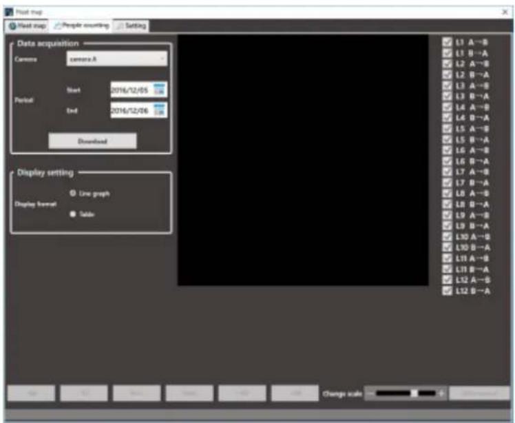 Host snap Host snap People counting Setting Data acquisition Camera camera.A Next 2016/12/05 Period Text 2016/12/06 Download Display setting Line graph Display format Table L1 A→B L1 B→A L2 A→B L2 B→A L3 A→B L3 B→A L4 A→B L4 B→A L5 A→B L5 B→A L6 A→B L6 B→A L7 A→B L7 B→A L8 A→B L8 B→A L9 A→B L9 B→A L…