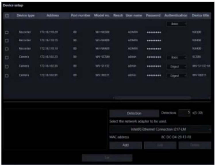 Device setup. Device type, Address, Port number, Model no., Result, User name, Password, Authentication, Device title. Recorder 172.18.110.20 BD WV-NR300 ADMIN **********. Recorder 172.18.110.15 BD WV-NR400 ADMIN **********. Recorder 172.18.110.10 BD WV-NR400 ADMIN **********. Camera 172.18.102.23 B…