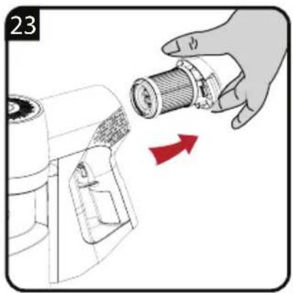 Illustration of a hand holding a cylindrical component next to a device, with a red arrow indicating direction (no text or symbols)