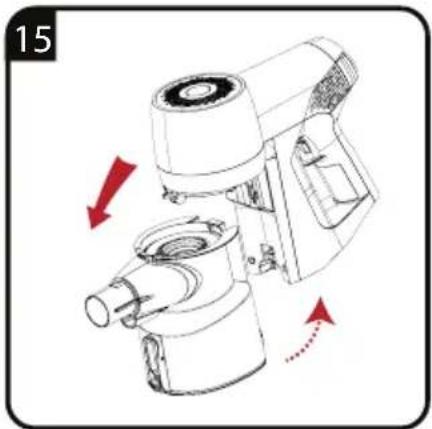 Technical line drawing of a mechanical device with red directional arrows indicating motion (no text or symbols)