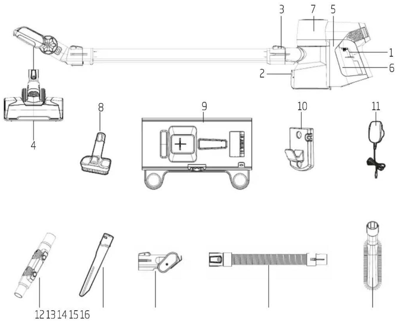Exploded view diagram of a hair dryer with numbered parts for identification